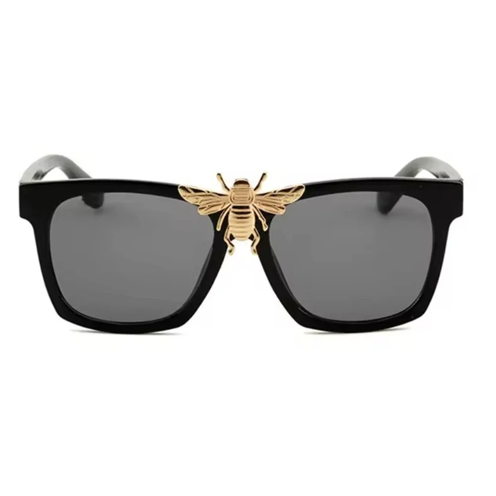 Fashion Sunglasses Square Frame Dark Black Lens Gold Metal‎ Accents Gangster New